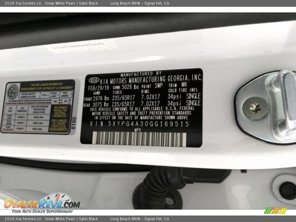 2016 Kia Sorento LX Snow White Pearl / Satin Black Photo #19