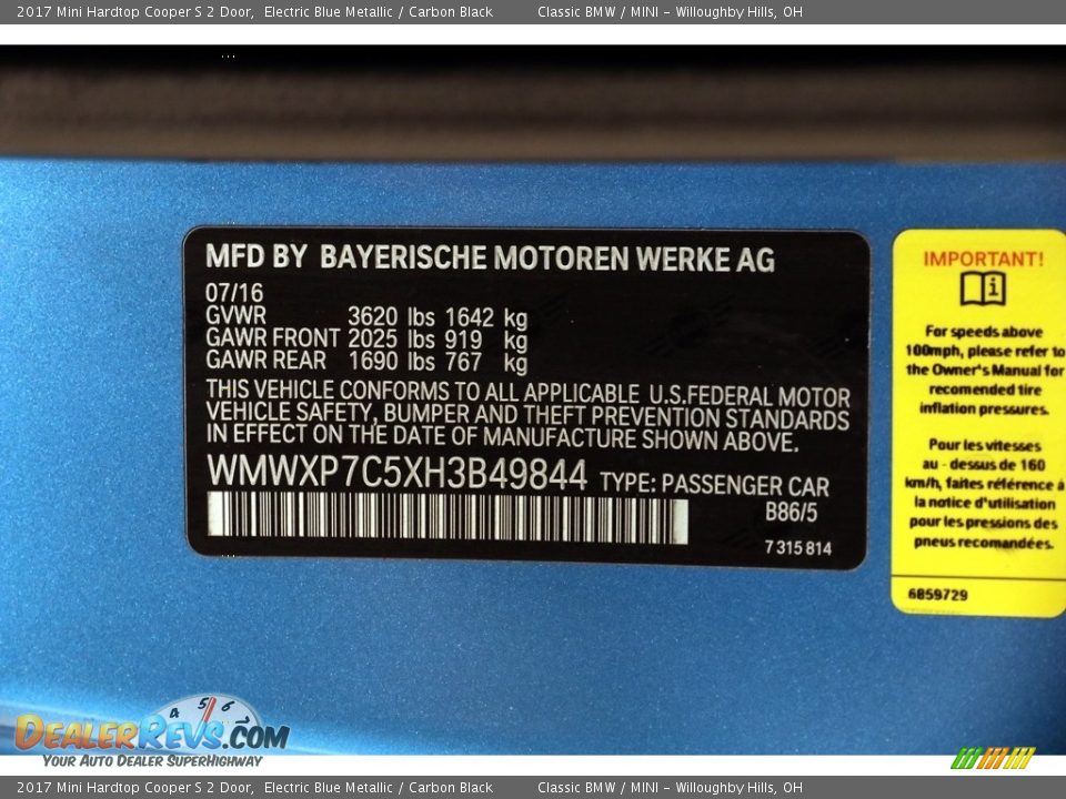 2017 Mini Hardtop Cooper S 2 Door Electric Blue Metallic / Carbon Black Photo #20