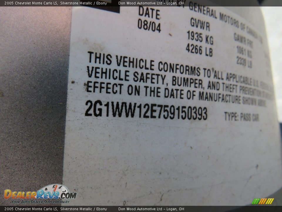 2005 Chevrolet Monte Carlo LS Silverstone Metallic / Ebony Photo #26