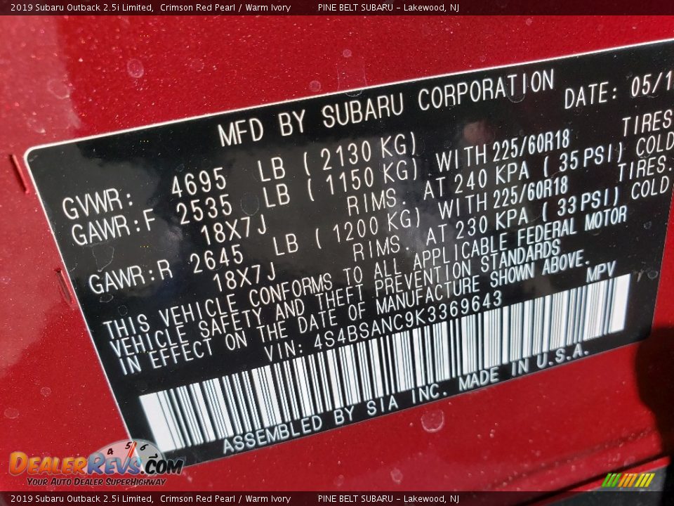 2019 Subaru Outback 2.5i Limited Crimson Red Pearl / Warm Ivory Photo #9