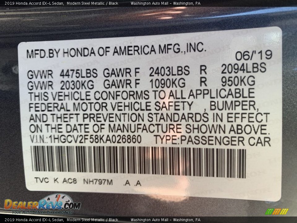 2019 Honda Accord EX-L Sedan Modern Steel Metallic / Black Photo #9