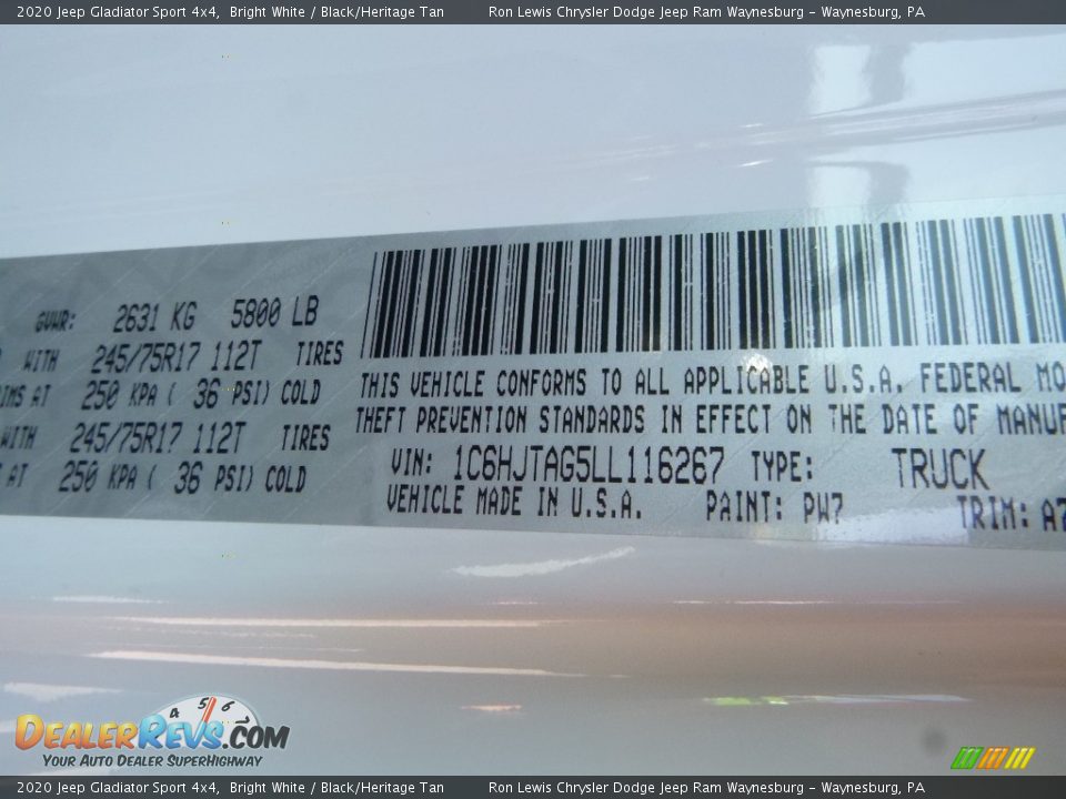 2020 Jeep Gladiator Sport 4x4 Bright White / Black/Heritage Tan Photo #15