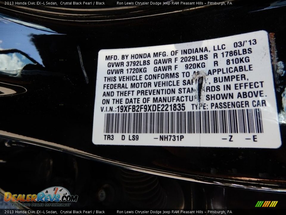 2013 Honda Civic EX-L Sedan Crystal Black Pearl / Black Photo #16
