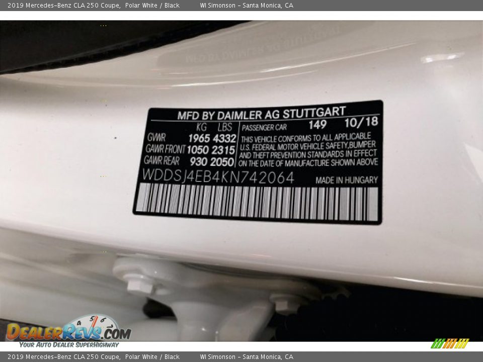 2019 Mercedes-Benz CLA 250 Coupe Polar White / Black Photo #24