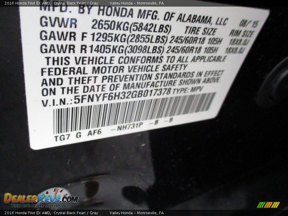 2016 Honda Pilot EX AWD Crystal Black Pearl / Gray Photo #19