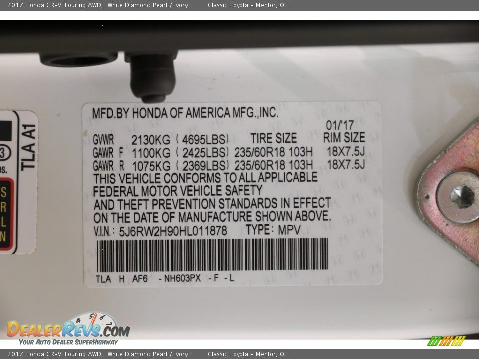 2017 Honda CR-V Touring AWD White Diamond Pearl / Ivory Photo #22