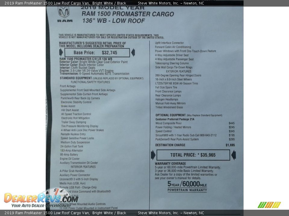 2019 Ram ProMaster 1500 Low Roof Cargo Van Bright White / Black Photo #27