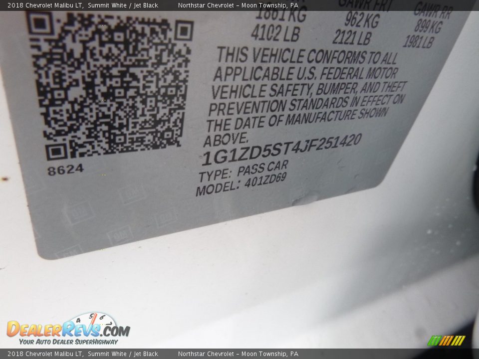 2018 Chevrolet Malibu LT Summit White / Jet Black Photo #16