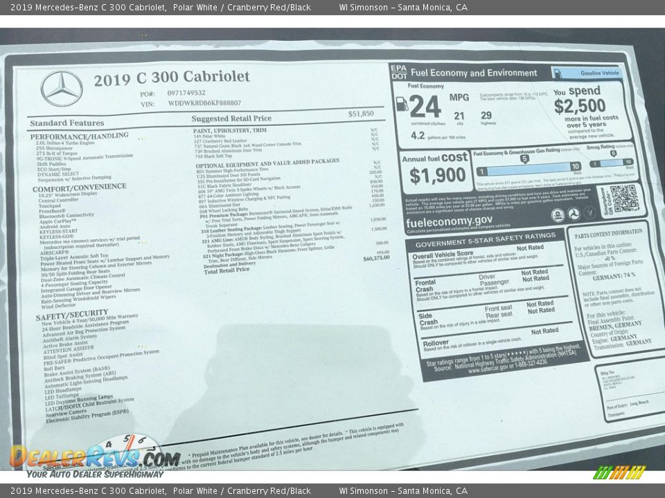 2019 Mercedes-Benz C 300 Cabriolet Polar White / Cranberry Red/Black Photo #1