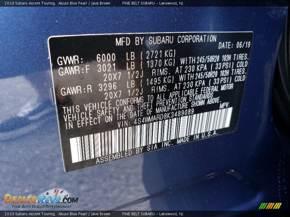 2019 Subaru Ascent Touring Abyss Blue Pearl / Java Brown Photo #9