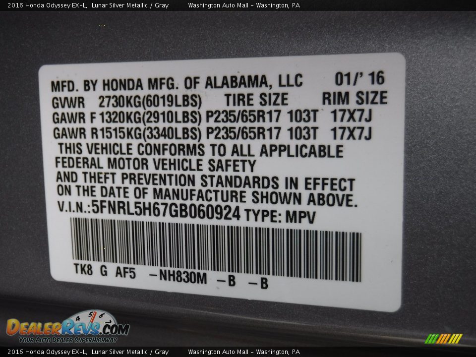 2016 Honda Odyssey EX-L Lunar Silver Metallic / Gray Photo #30