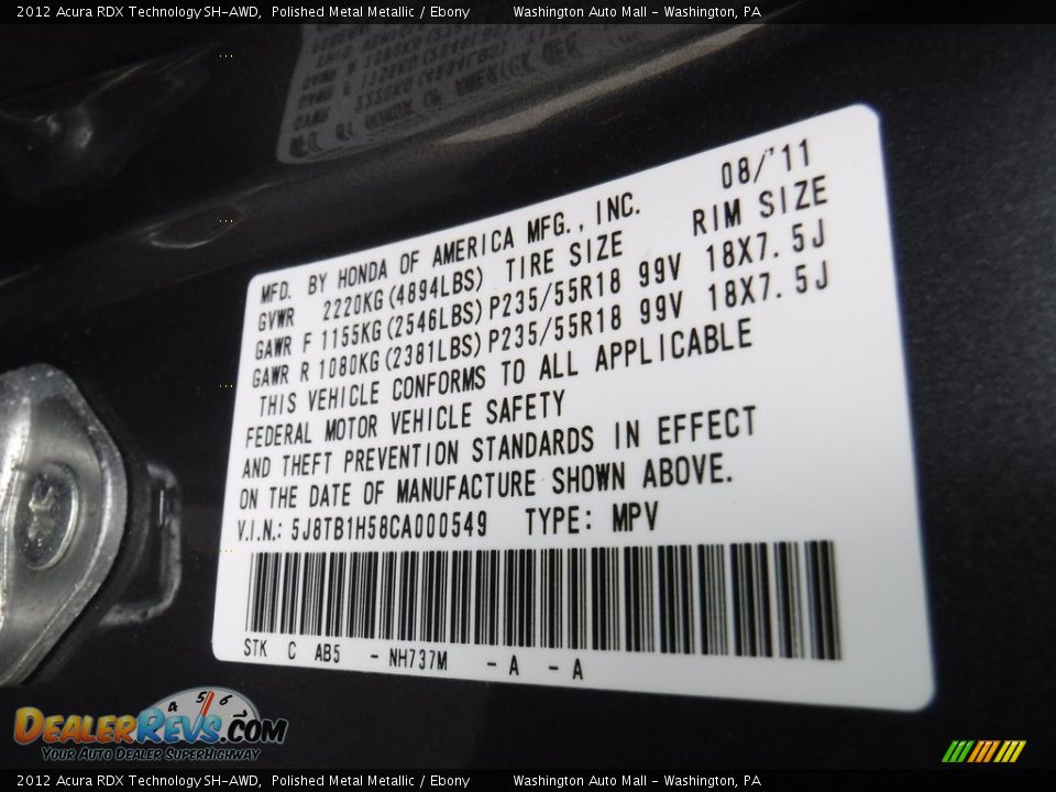2012 Acura RDX Technology SH-AWD Polished Metal Metallic / Ebony Photo #27