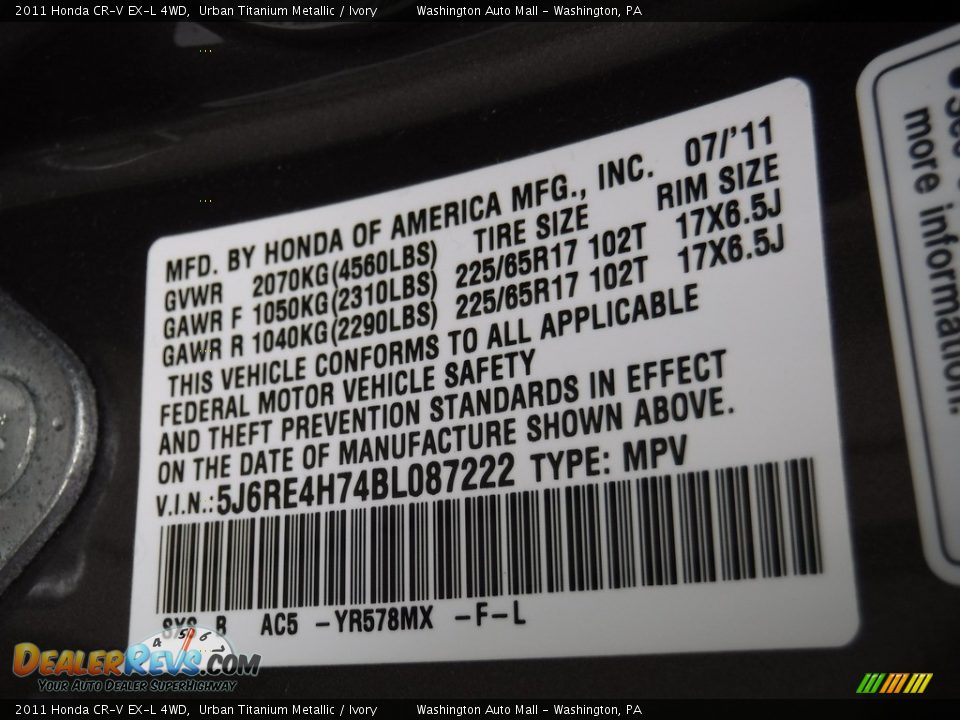 2011 Honda CR-V EX-L 4WD Urban Titanium Metallic / Ivory Photo #26