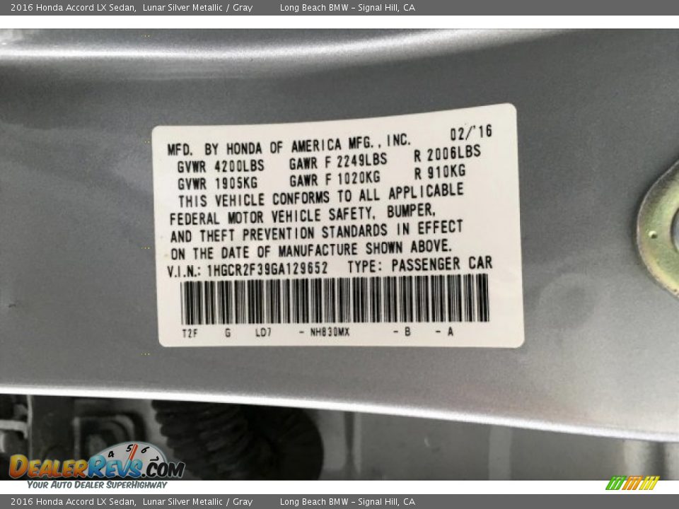 2016 Honda Accord LX Sedan Lunar Silver Metallic / Gray Photo #19