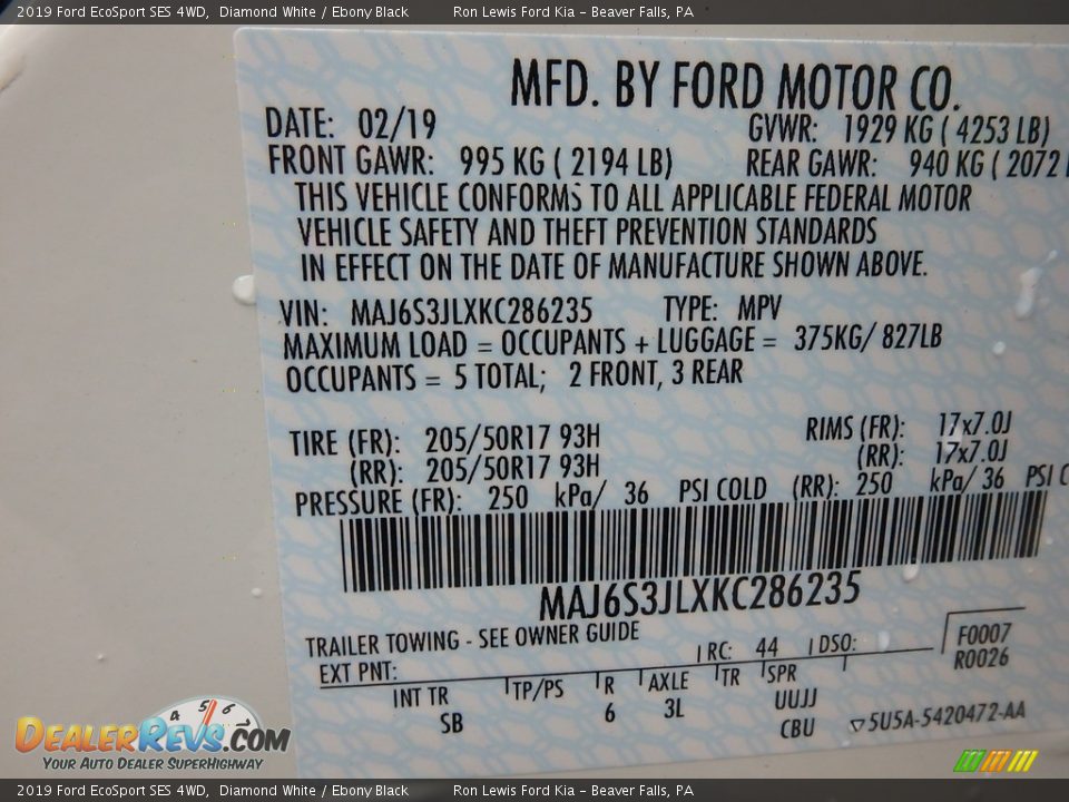 2019 Ford EcoSport SES 4WD Diamond White / Ebony Black Photo #16