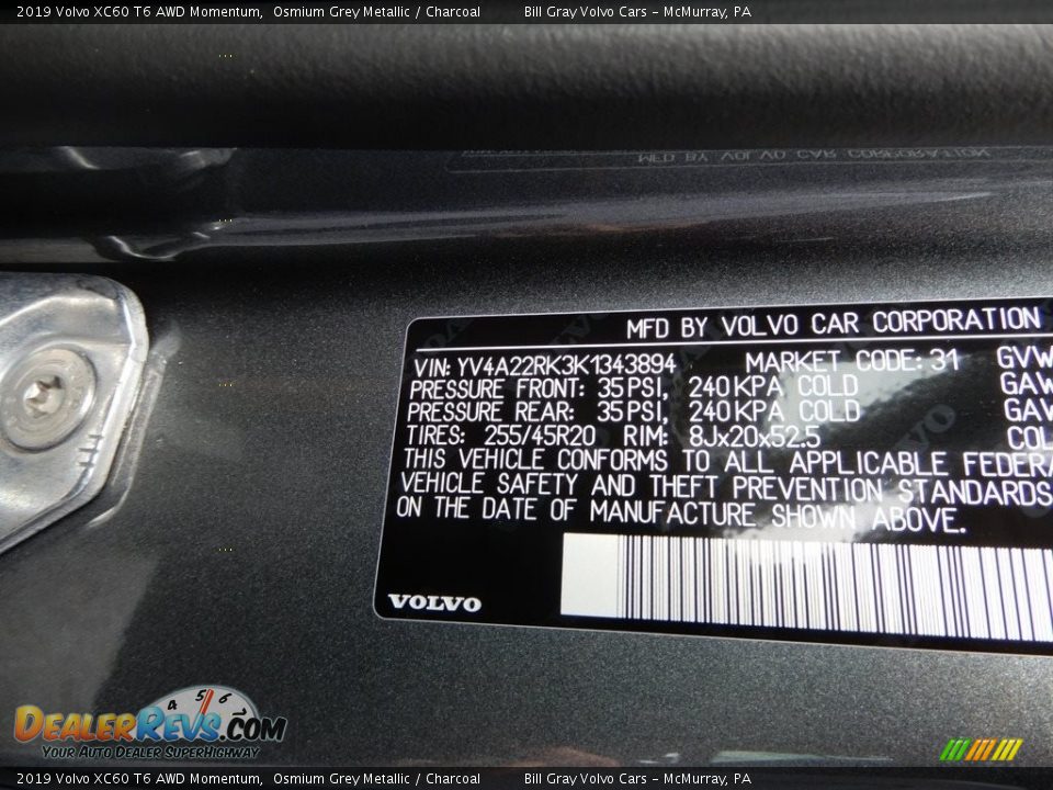 2019 Volvo XC60 T6 AWD Momentum Osmium Grey Metallic / Charcoal Photo #11