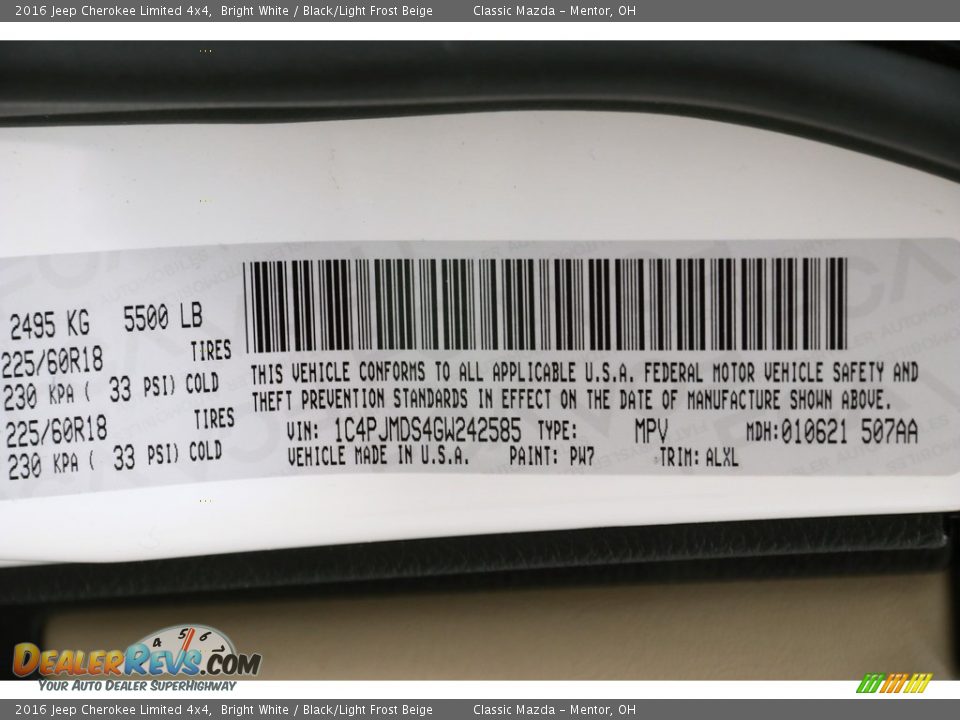 2016 Jeep Cherokee Limited 4x4 Bright White / Black/Light Frost Beige Photo #23