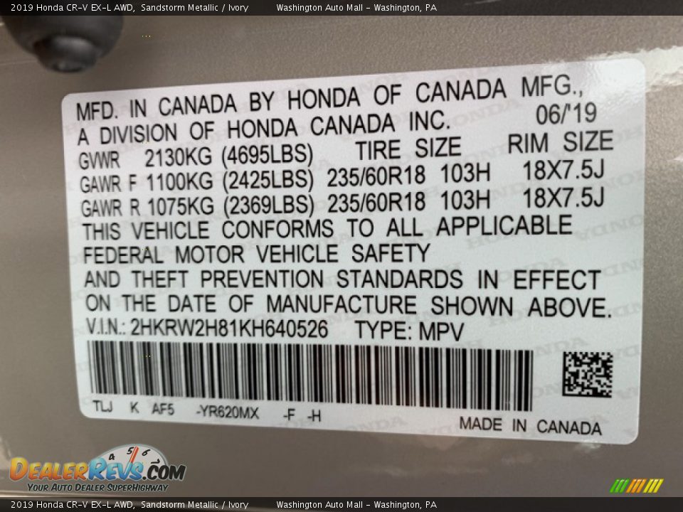 2019 Honda CR-V EX-L AWD Sandstorm Metallic / Ivory Photo #9