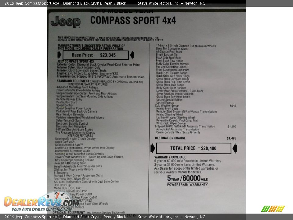2019 Jeep Compass Sport 4x4 Diamond Black Crystal Pearl / Black Photo #34