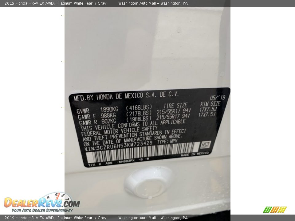 2019 Honda HR-V EX AWD Platinum White Pearl / Gray Photo #9