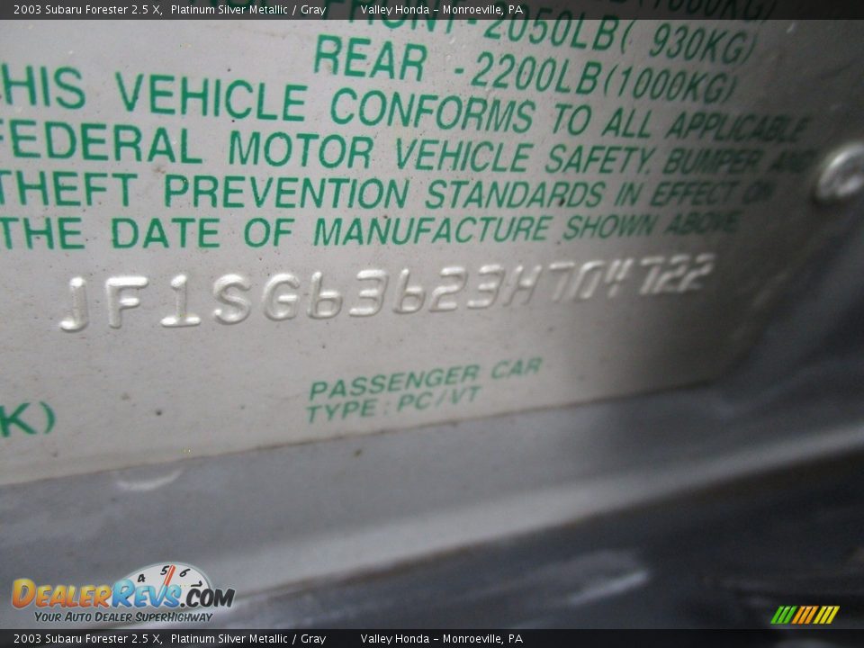 2003 Subaru Forester 2.5 X Platinum Silver Metallic / Gray Photo #19