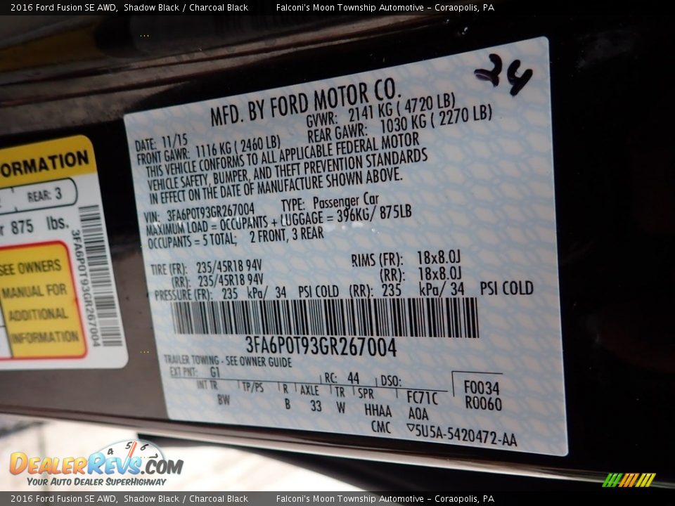 2016 Ford Fusion SE AWD Shadow Black / Charcoal Black Photo #23