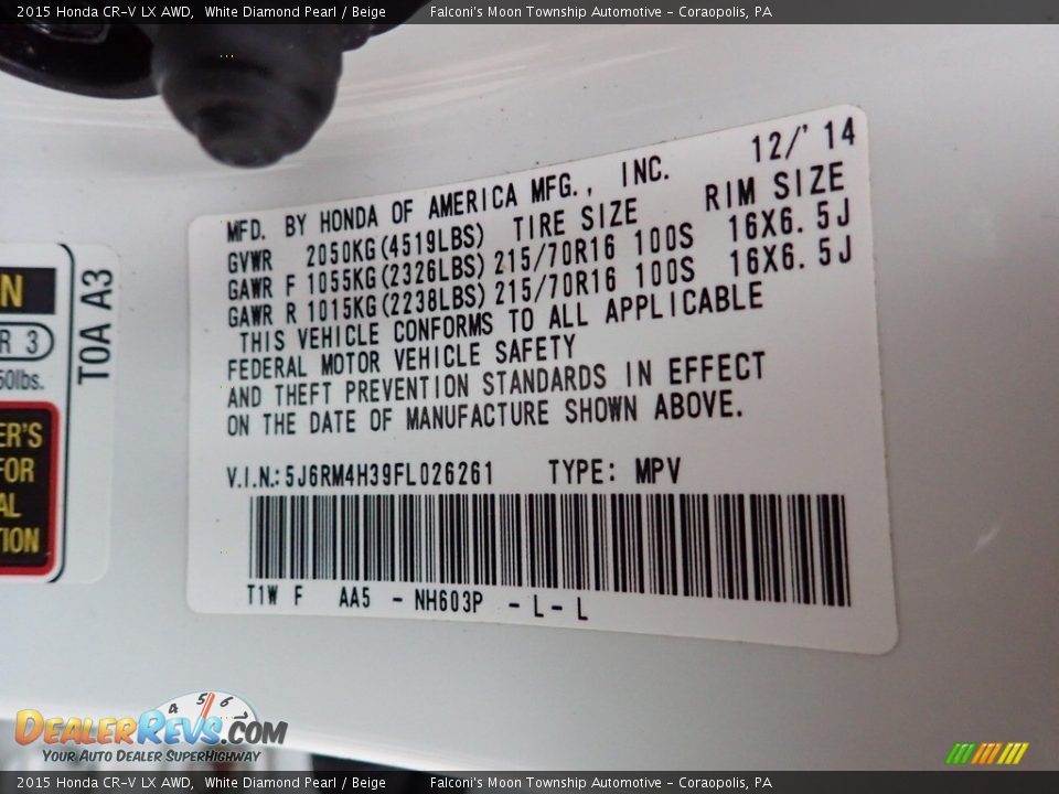 2015 Honda CR-V LX AWD White Diamond Pearl / Beige Photo #23