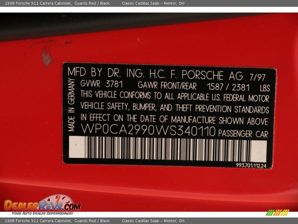 1998 Porsche 911 Carrera Cabriolet Guards Red / Black Photo #22