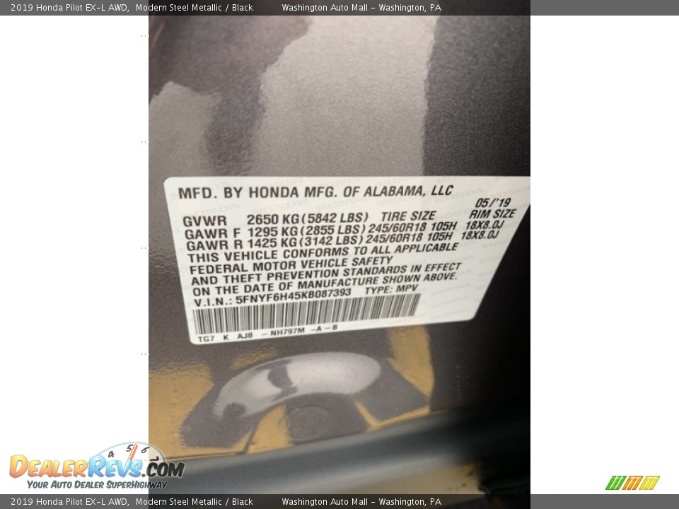 2019 Honda Pilot EX-L AWD Modern Steel Metallic / Black Photo #9