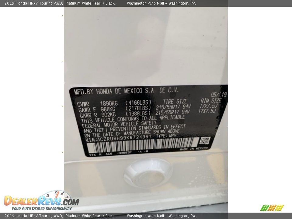 2019 Honda HR-V Touring AWD Platinum White Pearl / Black Photo #9