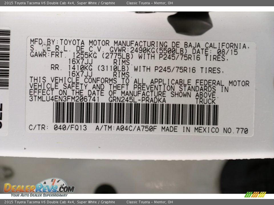 2015 Toyota Tacoma V6 Double Cab 4x4 Super White / Graphite Photo #19