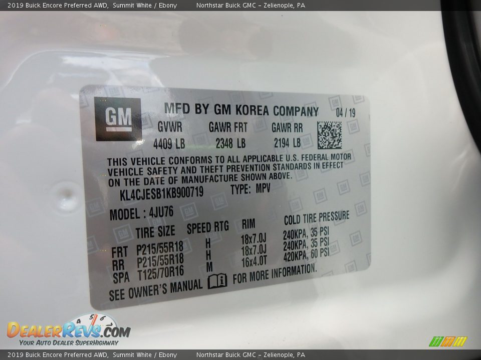 2019 Buick Encore Preferred AWD Summit White / Ebony Photo #16