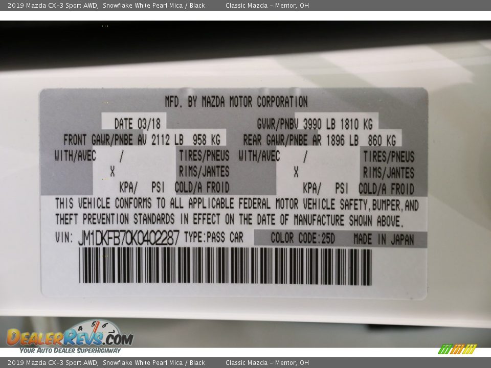 2019 Mazda CX-3 Sport AWD Snowflake White Pearl Mica / Black Photo #21