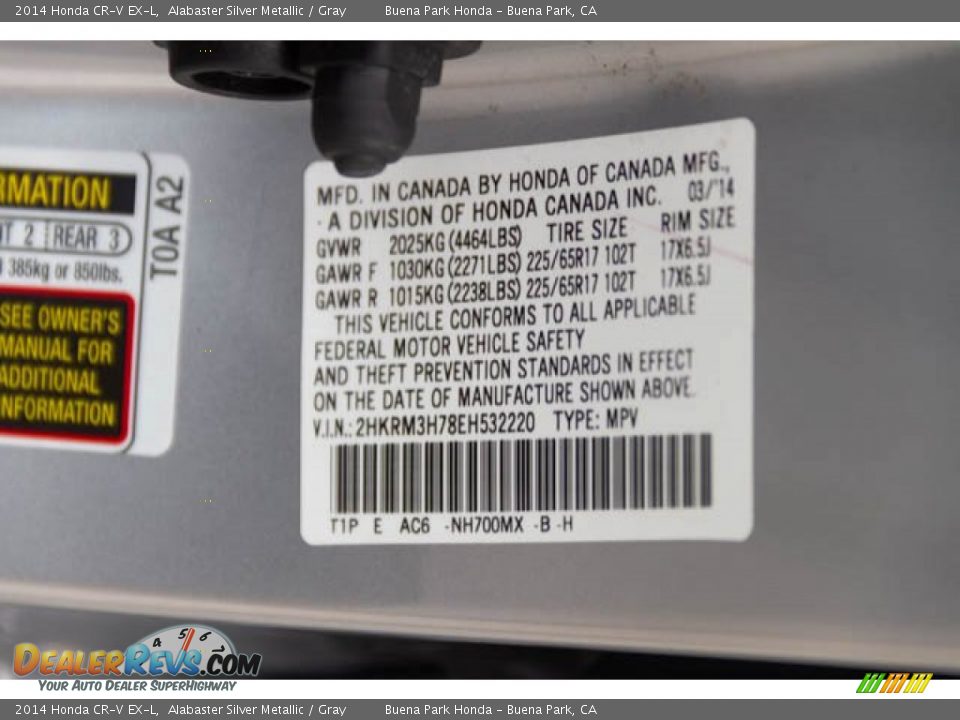2014 Honda CR-V EX-L Alabaster Silver Metallic / Gray Photo #35