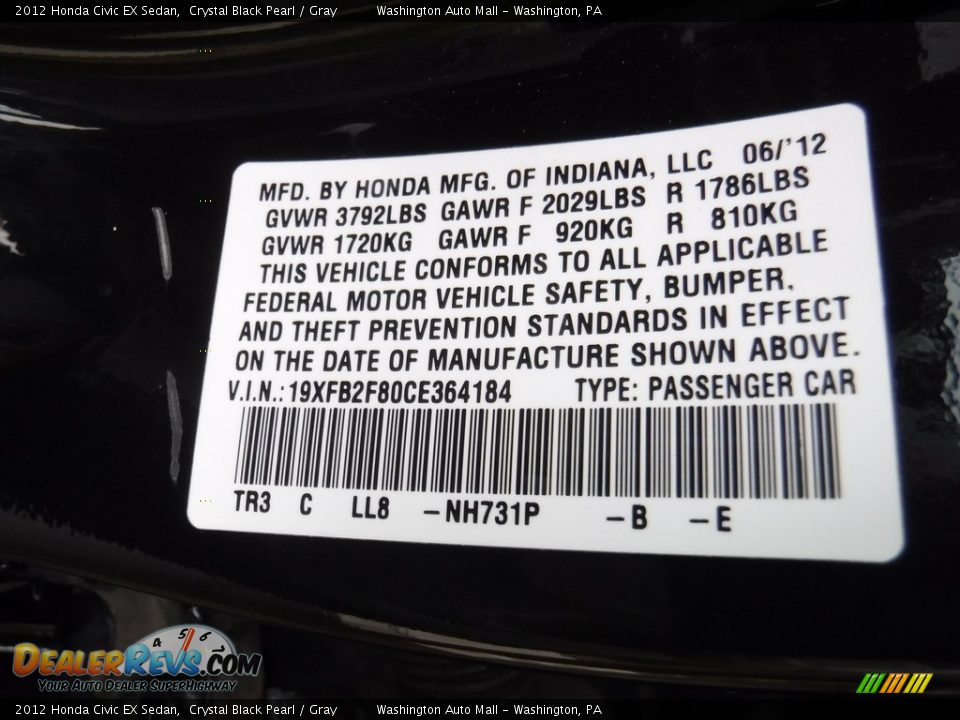 2012 Honda Civic EX Sedan Crystal Black Pearl / Gray Photo #26