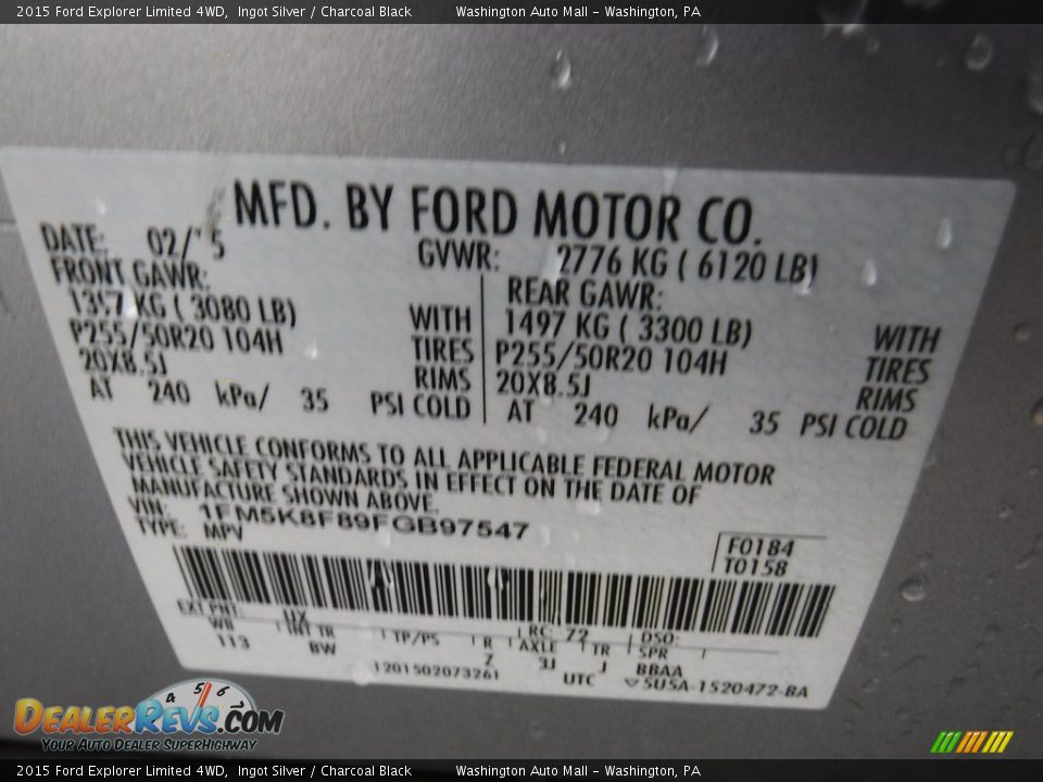 2015 Ford Explorer Limited 4WD Ingot Silver / Charcoal Black Photo #27