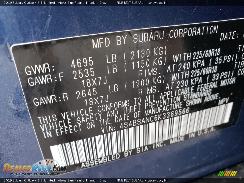 2019 Subaru Outback 2.5i Limited Abyss Blue Pearl / Titanium Gray Photo #9