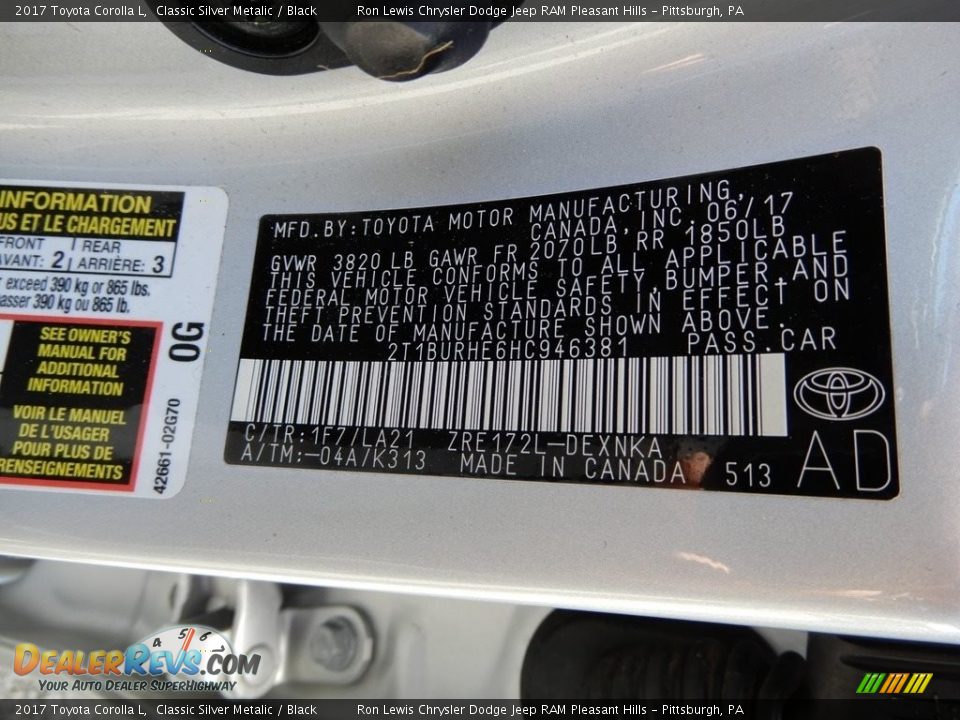 2017 Toyota Corolla L Classic Silver Metalic / Black Photo #16