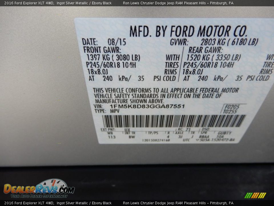 2016 Ford Explorer XLT 4WD Ingot Silver Metallic / Ebony Black Photo #16