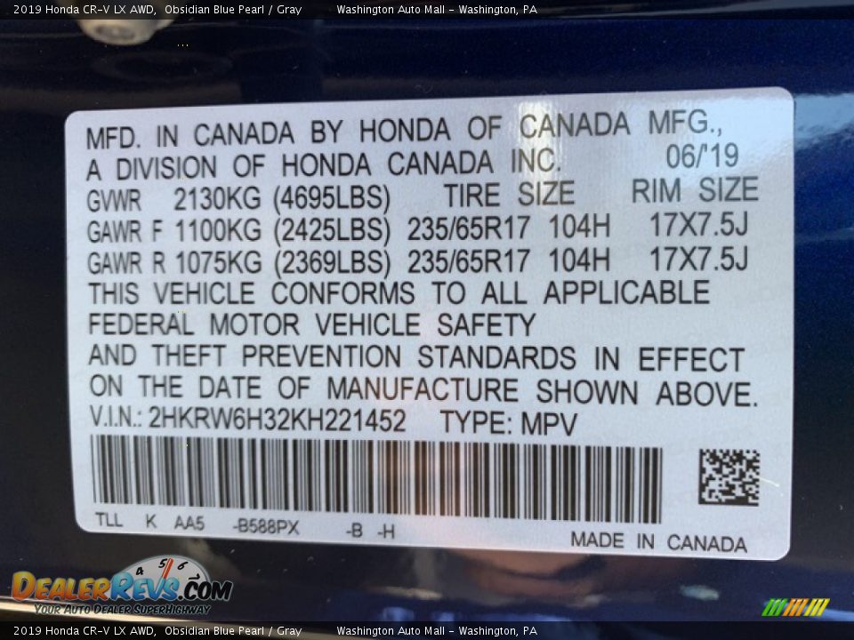 2019 Honda CR-V LX AWD Obsidian Blue Pearl / Gray Photo #9