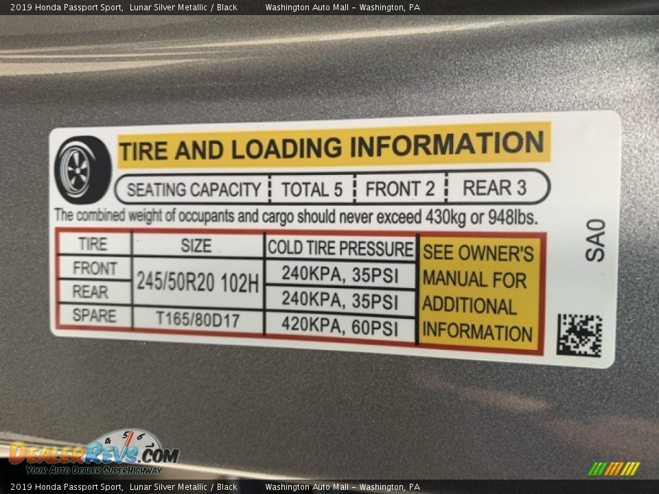 2019 Honda Passport Sport Lunar Silver Metallic / Black Photo #8