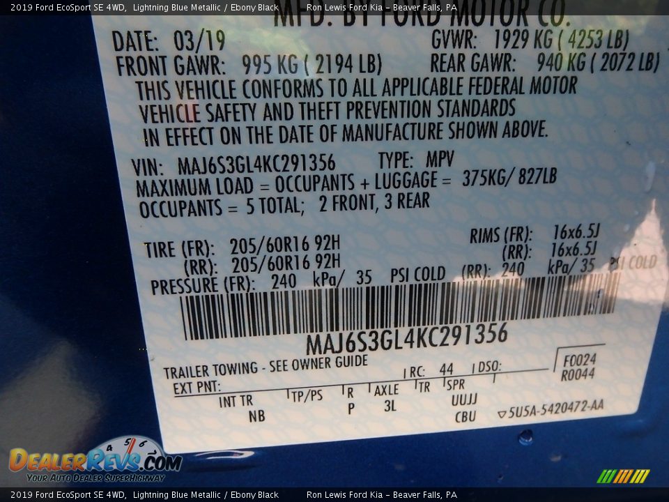 2019 Ford EcoSport SE 4WD Lightning Blue Metallic / Ebony Black Photo #16