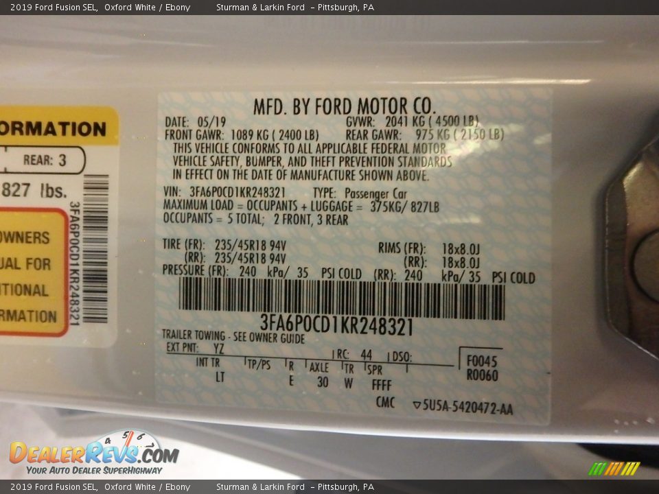 2019 Ford Fusion SEL Oxford White / Ebony Photo #11