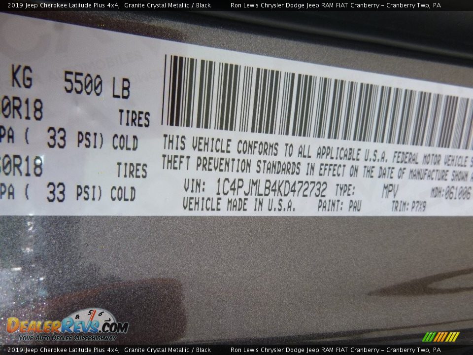 2019 Jeep Cherokee Latitude Plus 4x4 Granite Crystal Metallic / Black Photo #14