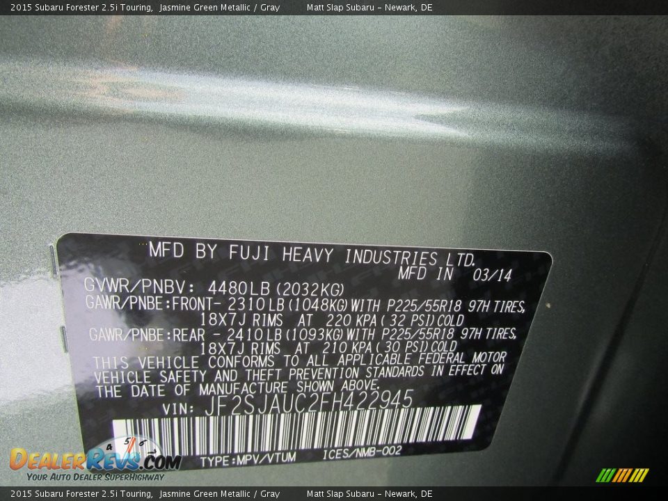 2015 Subaru Forester 2.5i Touring Jasmine Green Metallic / Gray Photo #30