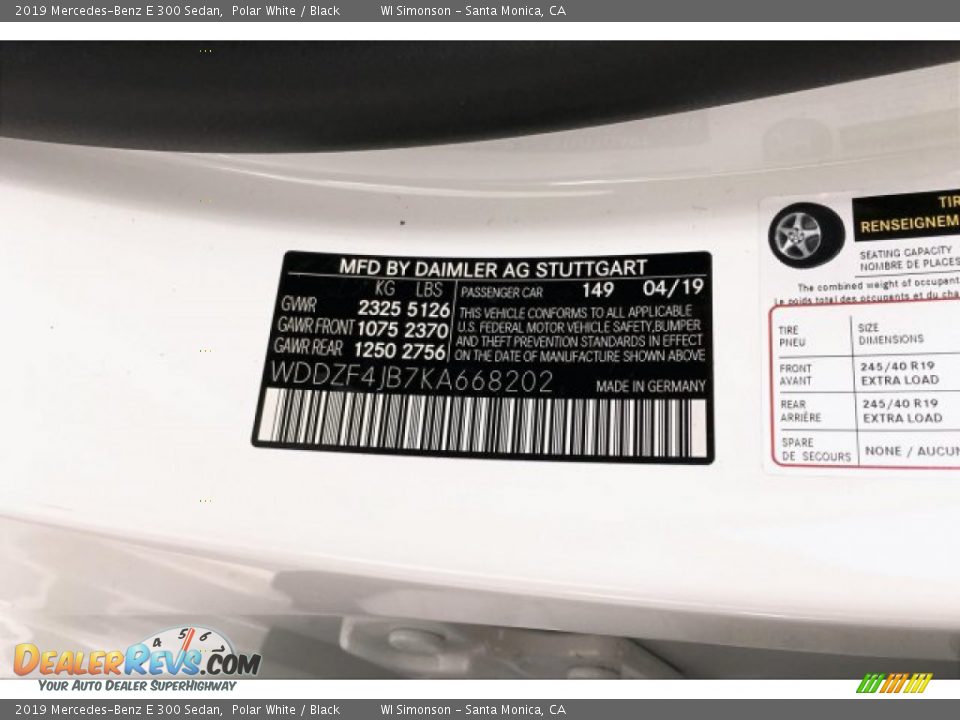 2019 Mercedes-Benz E 300 Sedan Polar White / Black Photo #10