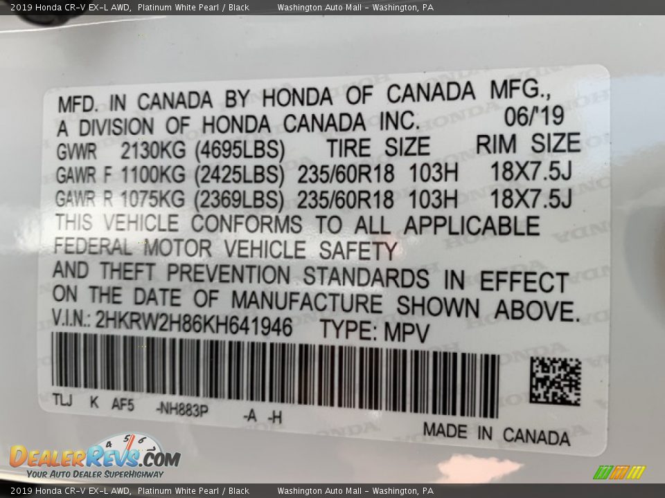 2019 Honda CR-V EX-L AWD Platinum White Pearl / Black Photo #9