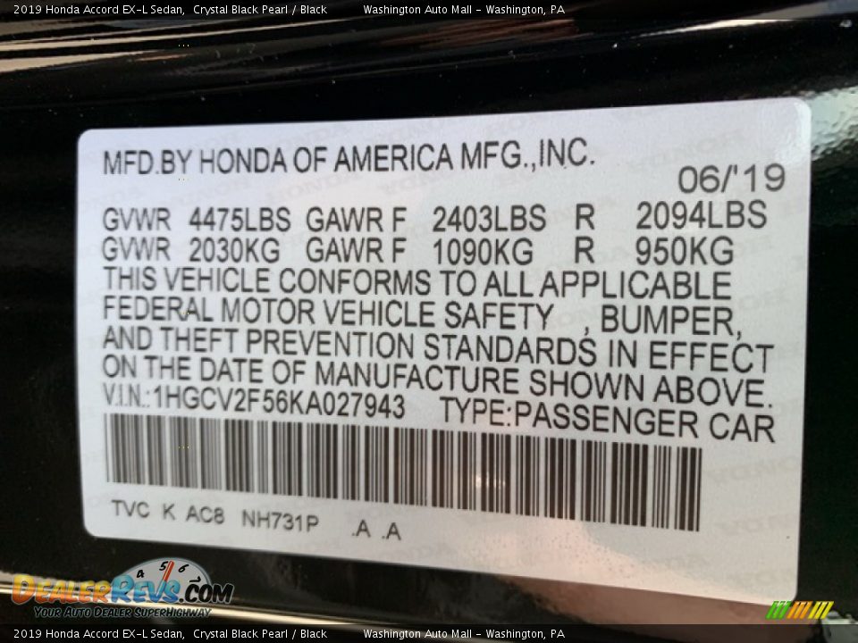 2019 Honda Accord EX-L Sedan Crystal Black Pearl / Black Photo #9