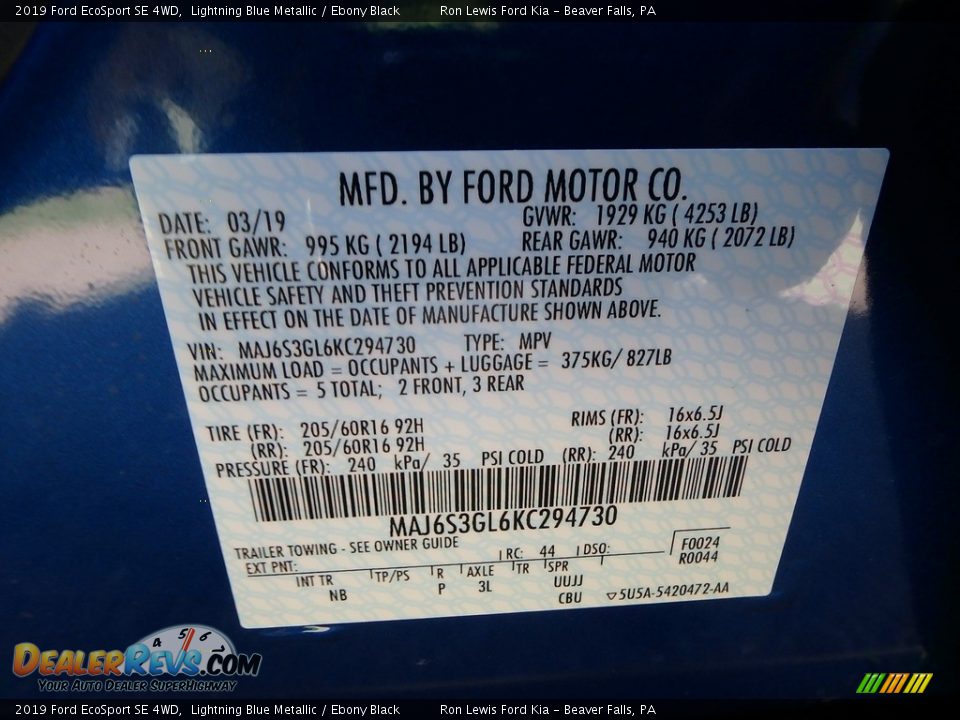 2019 Ford EcoSport SE 4WD Lightning Blue Metallic / Ebony Black Photo #14