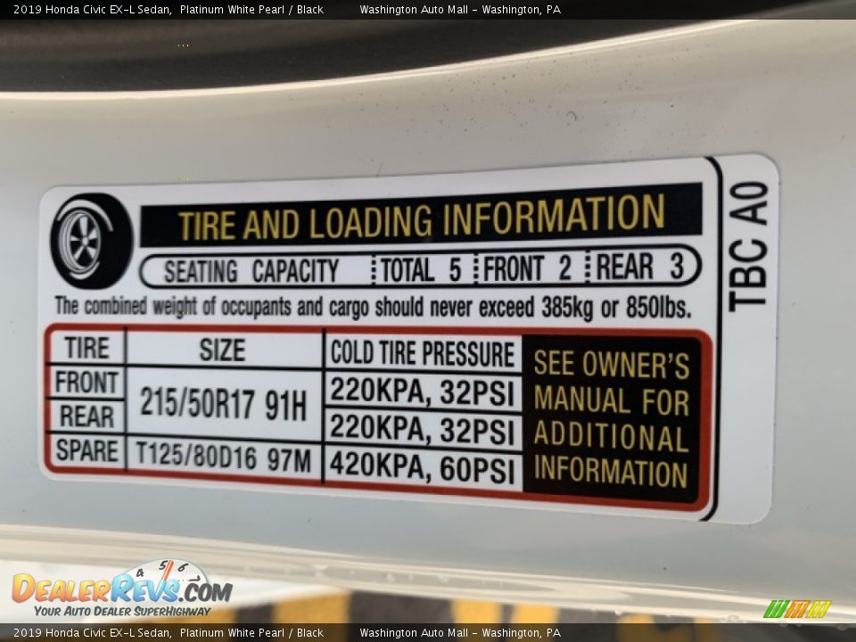 2019 Honda Civic EX-L Sedan Platinum White Pearl / Black Photo #8